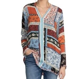 Johnny Was Eulia V‎ Neck Patchwork Print Rayon Blouse Top XS Blue Orange Boho